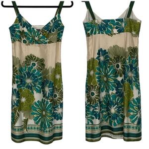 ANN TAYLOR Women’s Sleeveless Empire Floral Dress Silk-Like Aqua Green‎ Ivory 2
